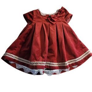 Heirloom By Polly Flinders Burgundy Smocked Baby Dress Red with Lace Buttons